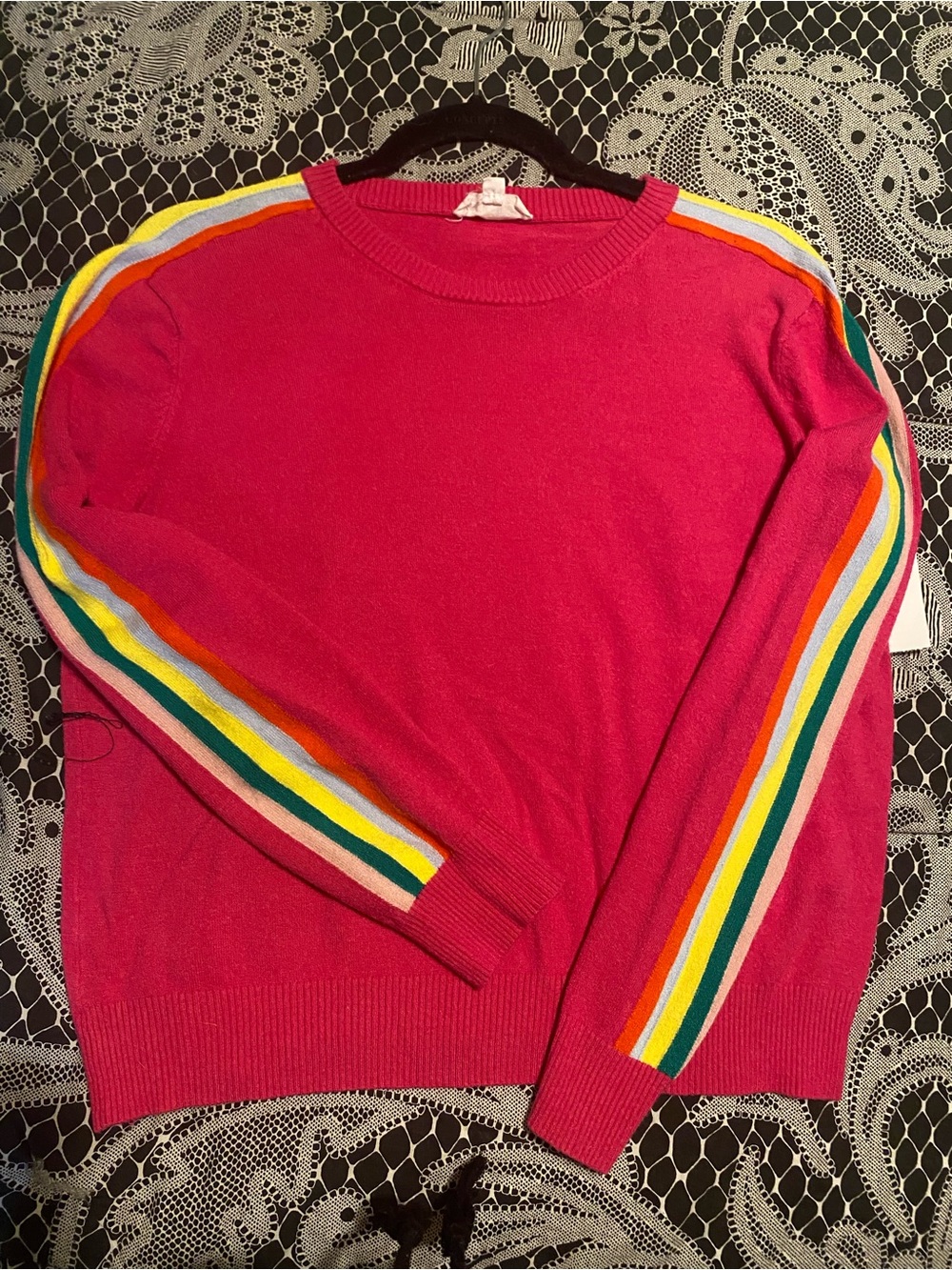 THML Pink Crewneck Sweater with Rainbow Stripe Sleeves